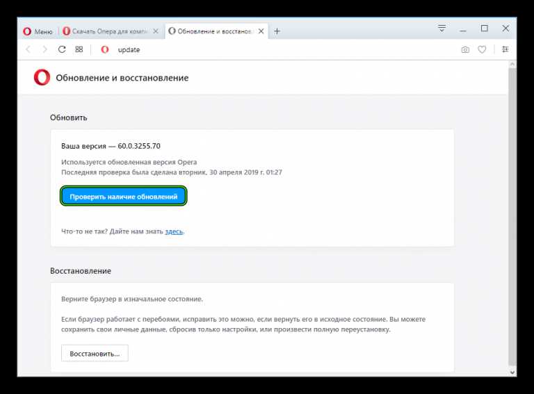 Возможные проблемы с обновлением браузера Опера и их решение