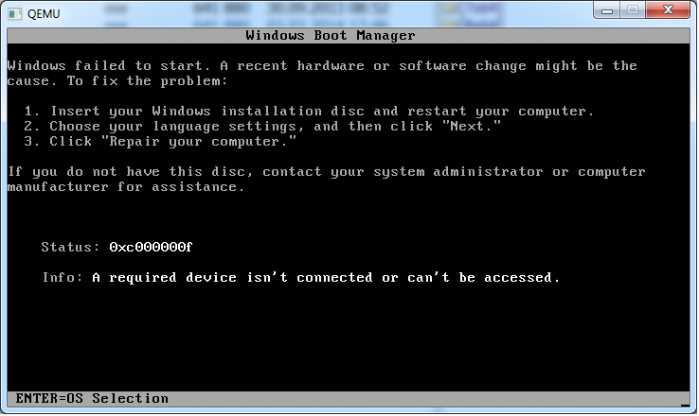 Неудачная попытка загрузки операционной системы Windows 7